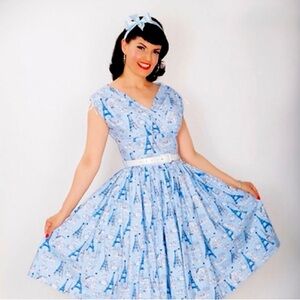 Bernie Dexter Blue Paris Poodle Dress French Pinup Style Rare Vintage Small EUC